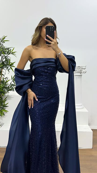 Lacivert Balon Kol İşlemeli Abiye Elbise