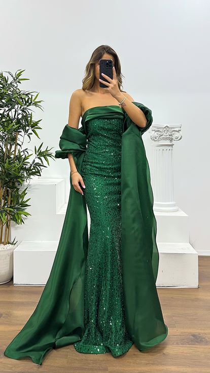 Yeşil Balon Kol İşlemeli Abiye Elbise