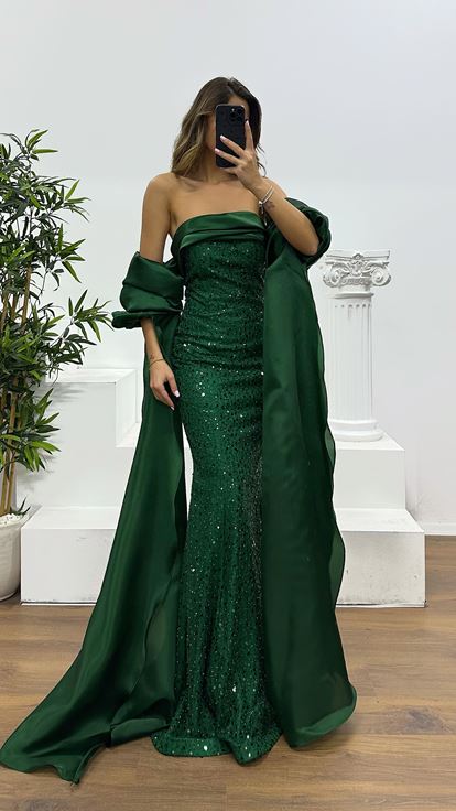 Yeşil Balon Kol İşlemeli Abiye Elbise