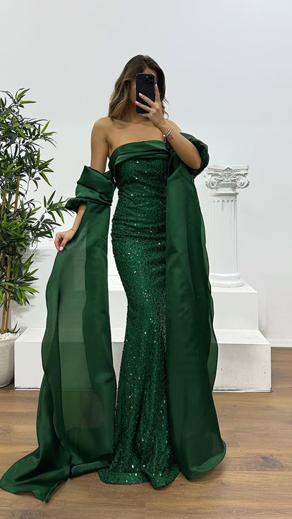 Yeşil Balon Kol İşlemeli Abiye Elbise