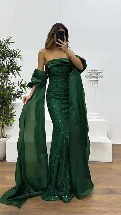 Yeşil Balon Kol İşlemeli Abiye Elbise