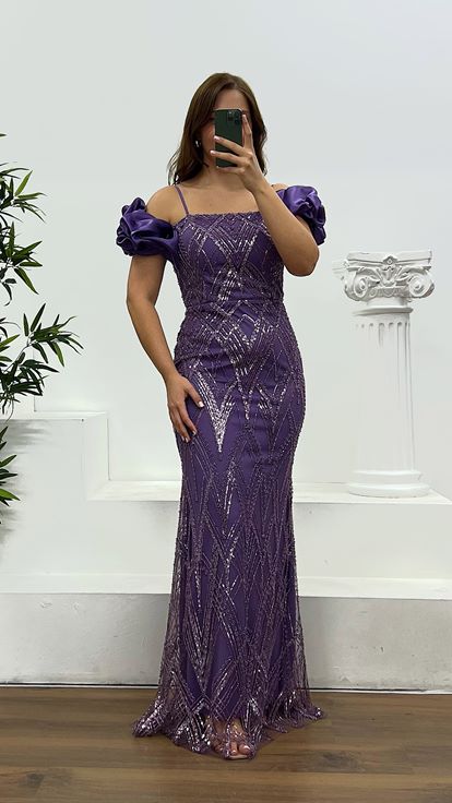 Purple Embroidered Back Detail Plus Size Evening Dress
