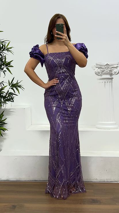Purple Embroidered Back Detail Plus Size Evening Dress