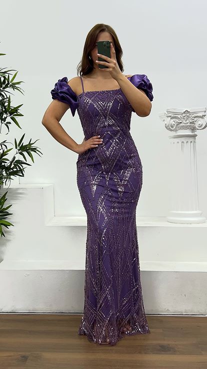Purple Embroidered Back Detail Plus Size Evening Dress