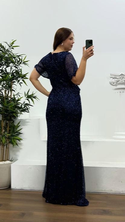 Lacivert Boncuklu Büyük Beden Abiye Elbise