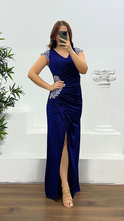 Saks Bel Detay Büyük Beden Abiye Elbise