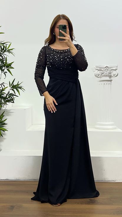 Siyah Taş ve İnci Detay Büyük Beden Abiye Elbise
