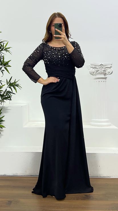 Siyah Taş ve İnci Detay Büyük Beden Abiye Elbise