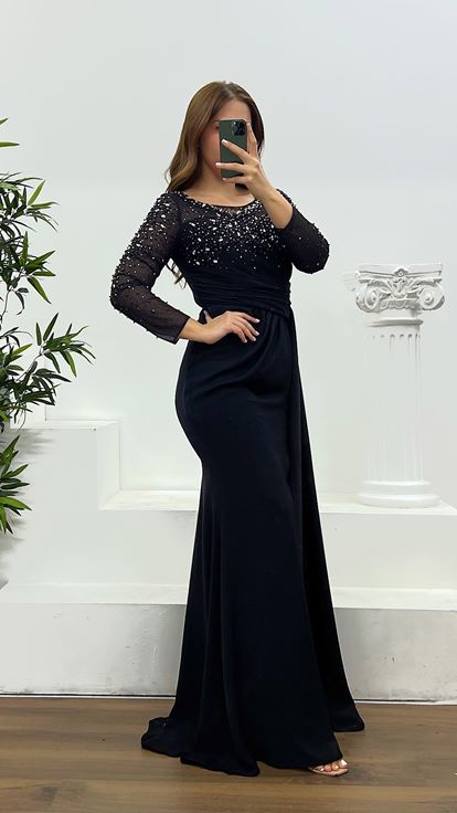 Siyah Taş ve İnci Detay Büyük Beden Abiye Elbise