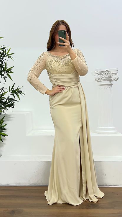 Bej Taş ve İnci Detay Büyük Beden Abiye Elbise