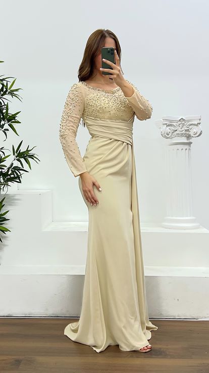 Bej Taş ve İnci Detay Büyük Beden Abiye Elbise