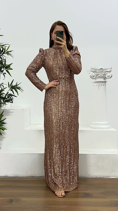 Bakır İşlemeli Büyük Beden Abiye Elbise