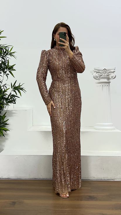 Bakır İşlemeli Büyük Beden Abiye Elbise