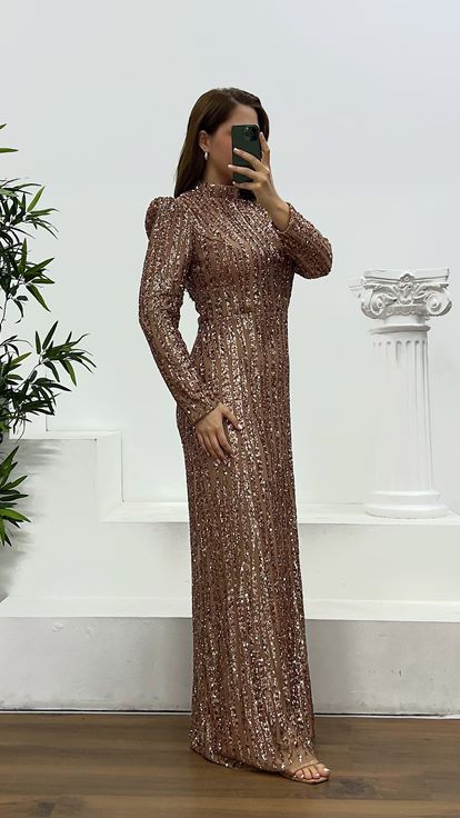 Bakır İşlemeli Büyük Beden Abiye Elbise