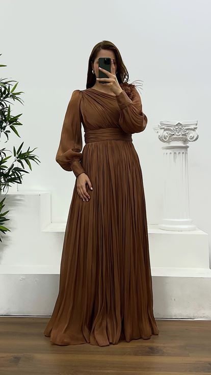 Brown Shoulder Flower Detail Chiffon Plus Size Evening Dress