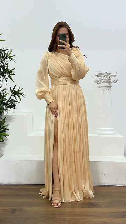Gold Shoulder Flower Detail Chiffon Plus Size Evening Dress