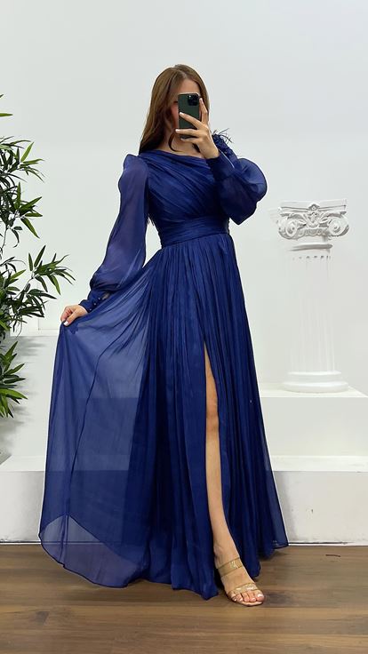 Navy Blue Shoulder Flower Detail Chiffon Plus Size Evening Dress