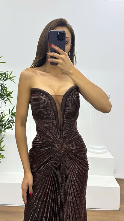 Copper Strapless Pleated Evening Dress