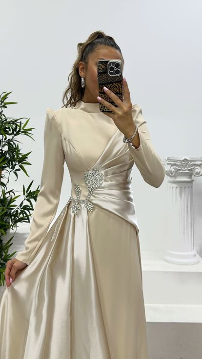 Beige Waist Detail Hijab Evening Dress
