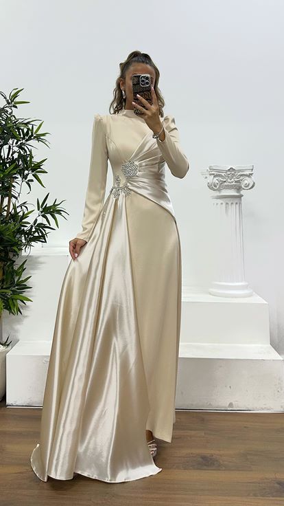 Beige Waist Detail Hijab Evening Dress