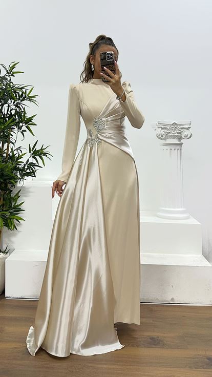 Beige Waist Detail Hijab Evening Dress