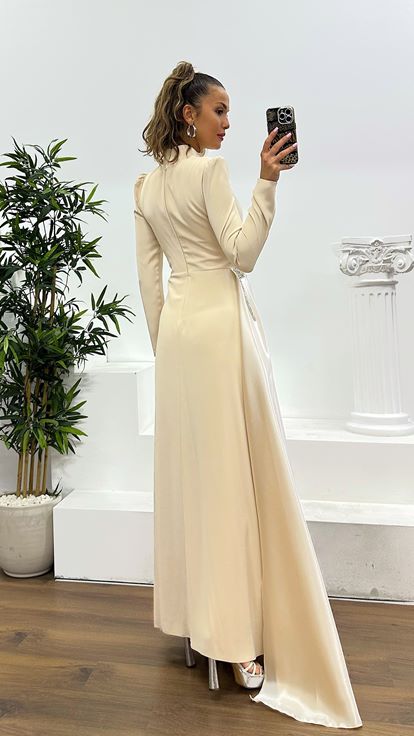 Beige Waist Detail Hijab Evening Dress