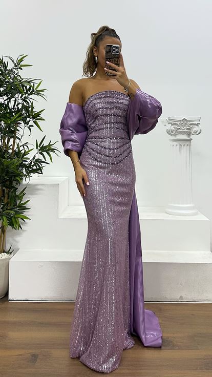 Lila Straplez İşlemeli Abiye Elbise