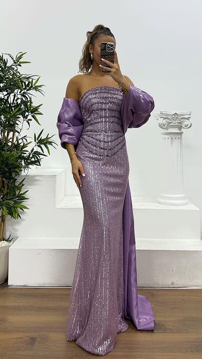 Lila Straplez İşlemeli Abiye Elbise