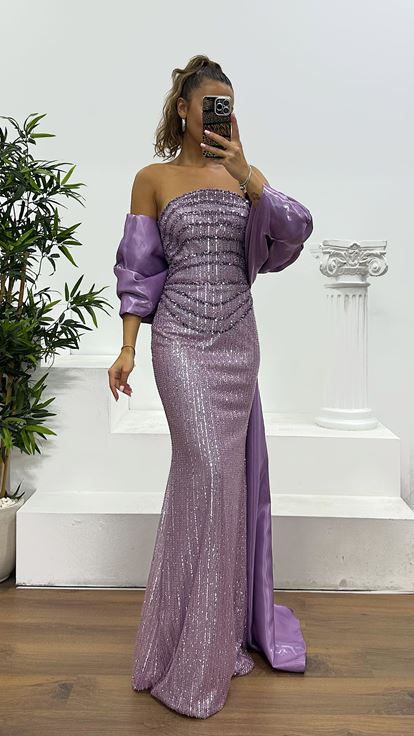 Lila Straplez İşlemeli Abiye Elbise