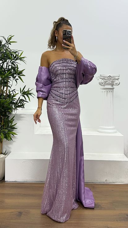 Lila Straplez İşlemeli Abiye Elbise