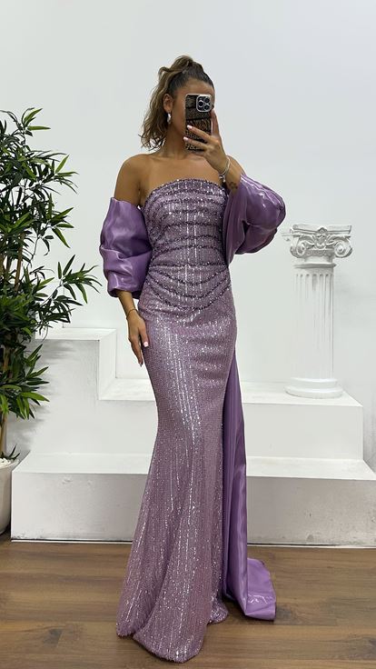 Lila Straplez İşlemeli Abiye Elbise