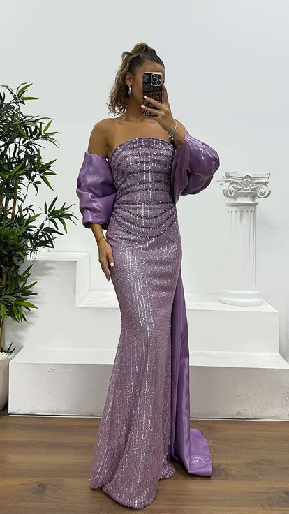 Lila Straplez İşlemeli Abiye Elbise