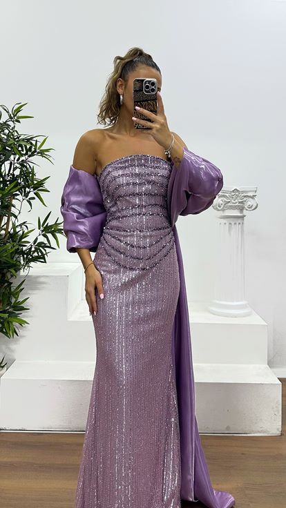 Lila Straplez İşlemeli Abiye Elbise