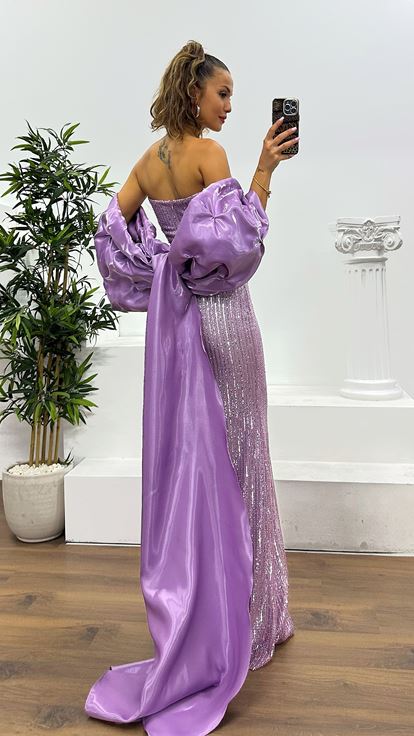 Lila Straplez İşlemeli Abiye Elbise