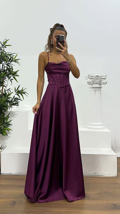 Cherry Back Detail Satin Evening Dress