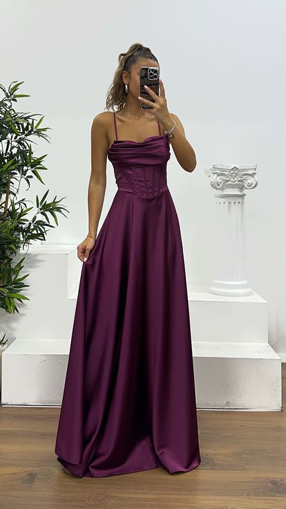Cherry Back Detail Satin Evening Dress