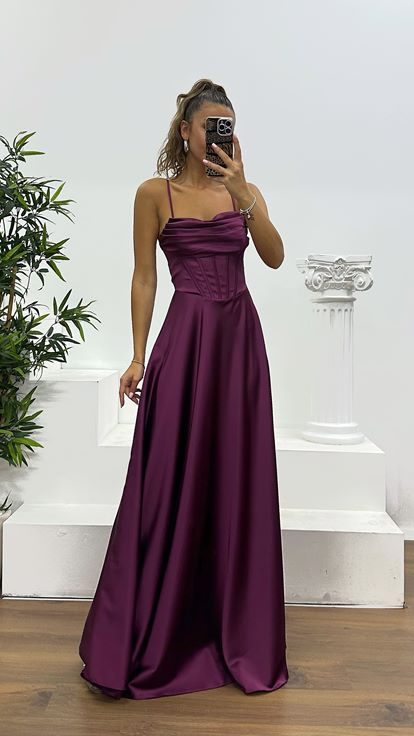 Cherry Back Detail Satin Evening Dress