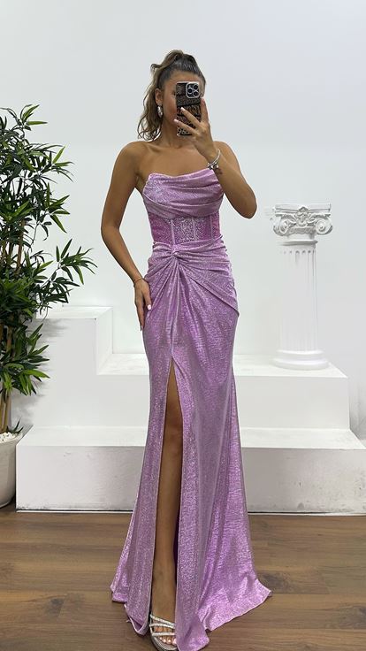 Robe de soirée brodée sans bretelles lilas