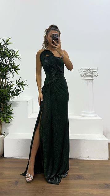 Emerald Strapless Neckline Detailed Shiny Evening Dress
