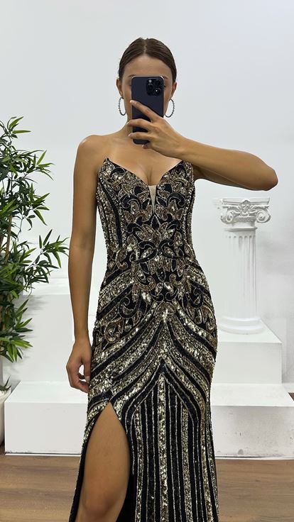 Black Strapless Hand Embroidery Design Evening Dress