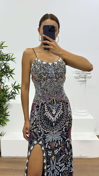 Abito da sera blu navy con spalline sottili e lacci  ricamato a mano 