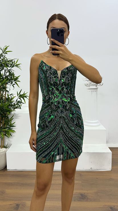 Zümrüt Straplez Mini El İşlemesi Tasarım Abiye Elbise