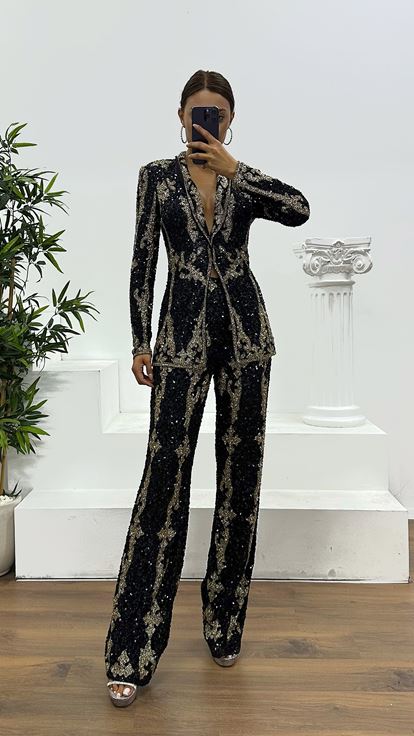 Black Hand Embroidery Design Suit Evening Dress