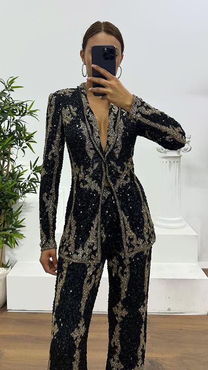 Black Hand Embroidery Design Suit Evening Dress