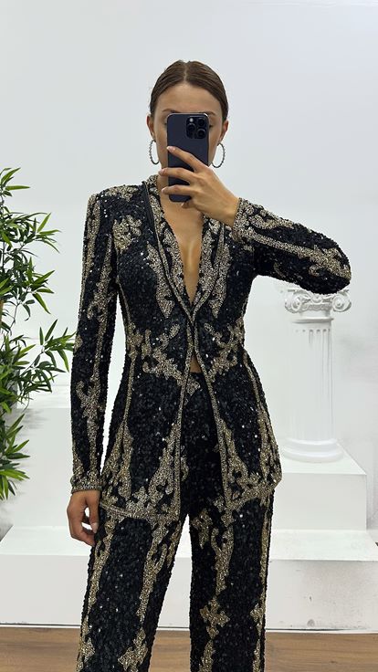 Black Hand Embroidery Design Suit Evening Dress