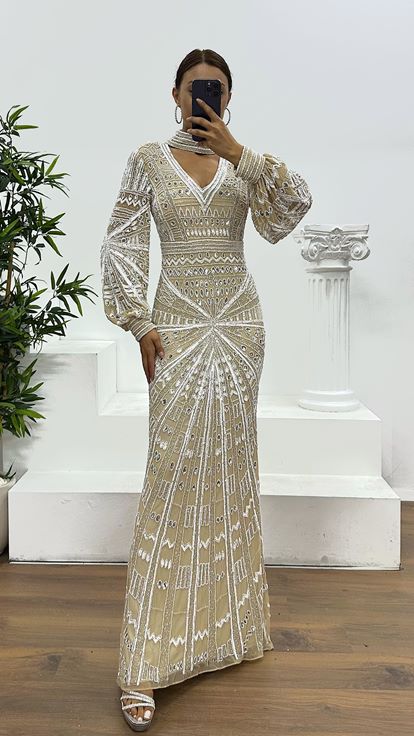 Cream V Neck Special Hand Embroidered Evening Dress