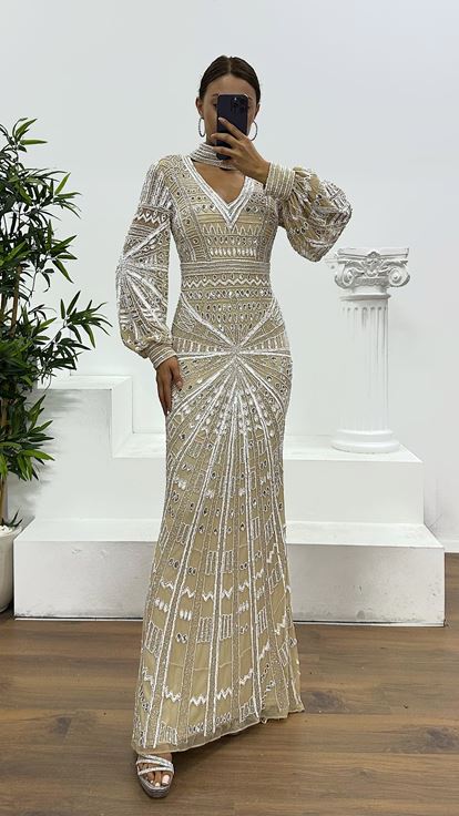 Cream V Neck Special Hand Embroidered Evening Dress