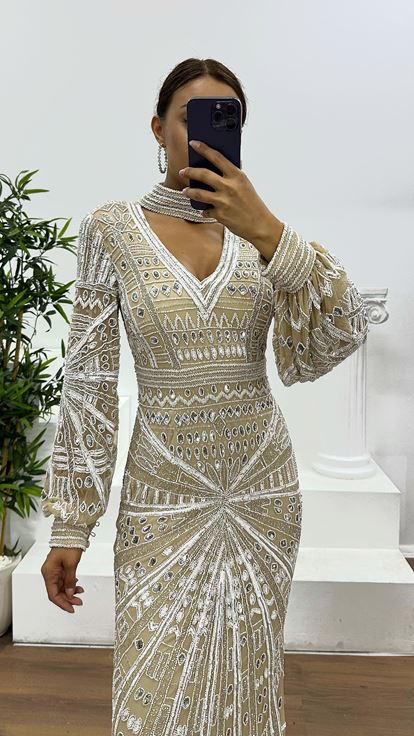 Cream V Neck Special Hand Embroidered Evening Dress