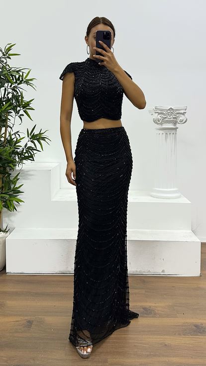 Black Custom Hand Embroidered Skirt Set