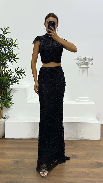 Black Custom Hand Embroidered Skirt Set